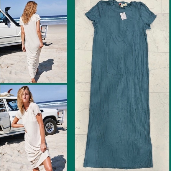 Free People Simone Jenner Ribbed Tee Maxi Dress in Dark Teal NWT XL - Picture 4 of 14